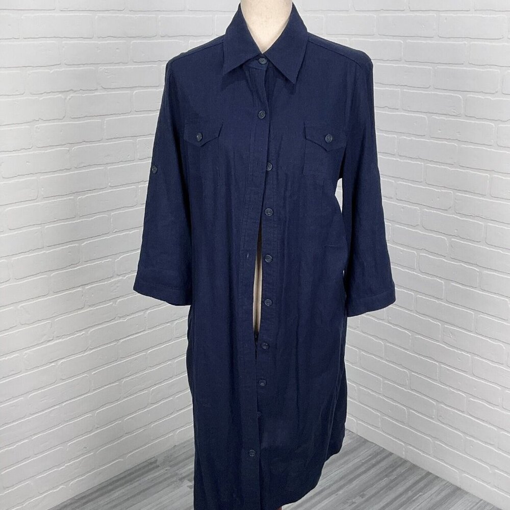 R‎ &K Dress Women 14 Blue Shirt Button Linen Blend Lined Midi Classic